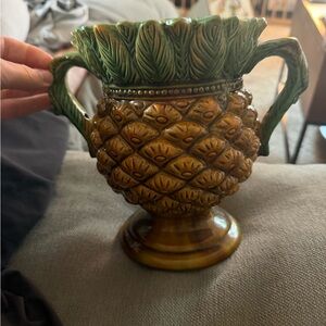 Vintage Pineapple Vase Leaf Design Handmade and Hand painted Ceramic Majolica